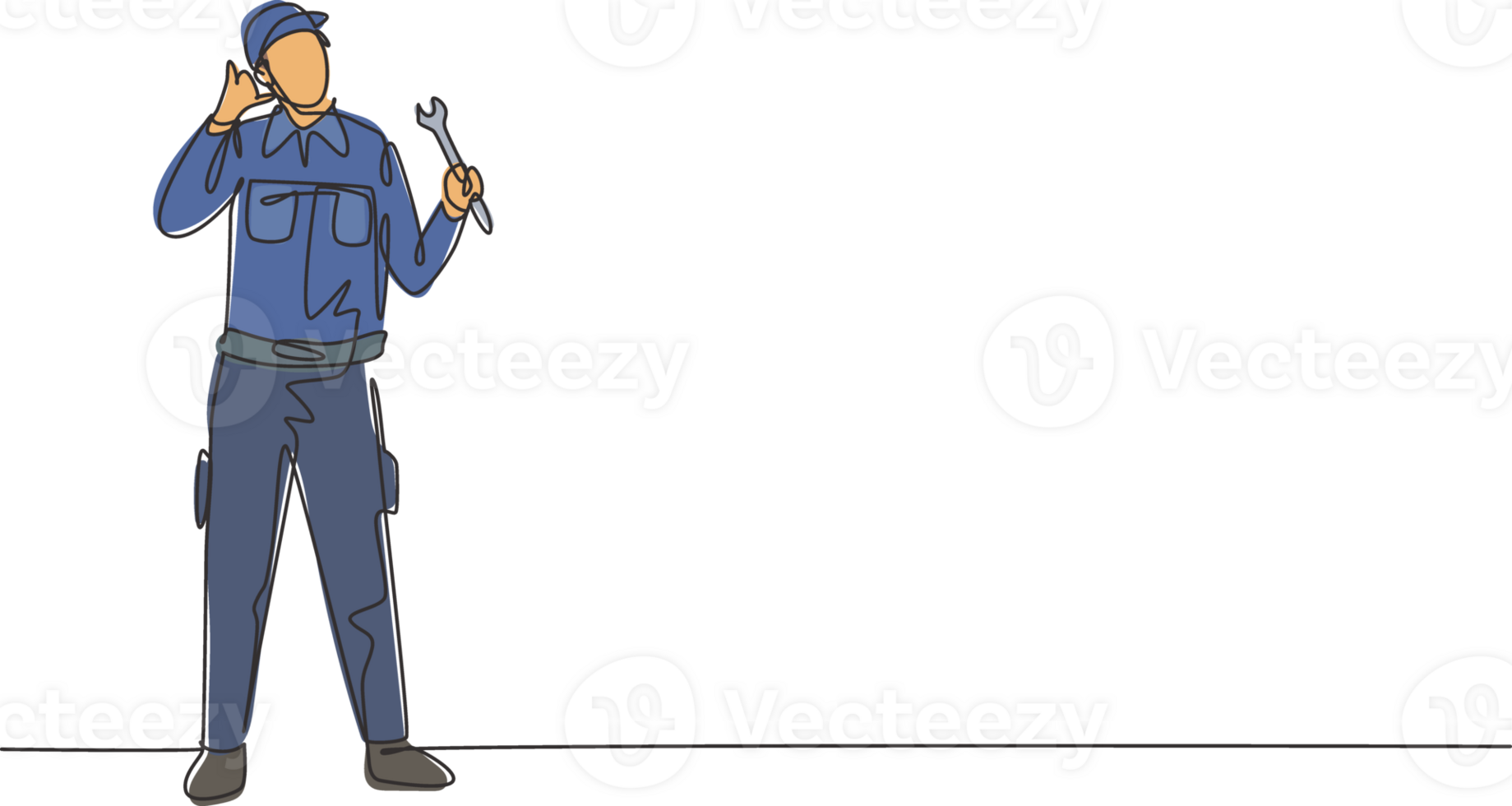 Single one line drawing mechanic stands up with call me gesture and holding wrench to perform maintenance on vehicle engine. Success business. Continuous line draw design graphic illustration png