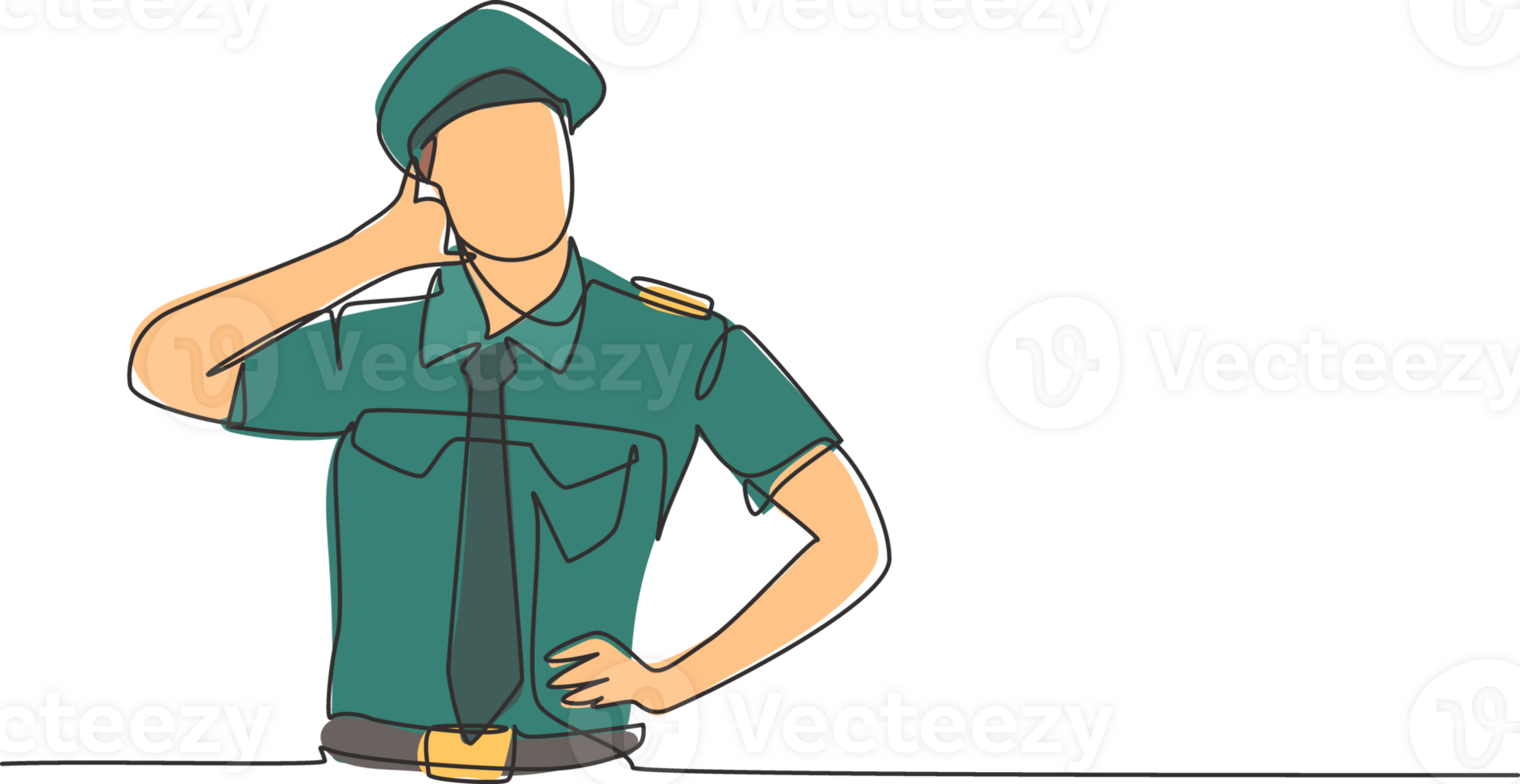 Continuous one line drawing pilot with call me gesture and full uniform ready to fly with cabin crew in aircraft at airport. Professional person. Single line draw design graphic illustration png