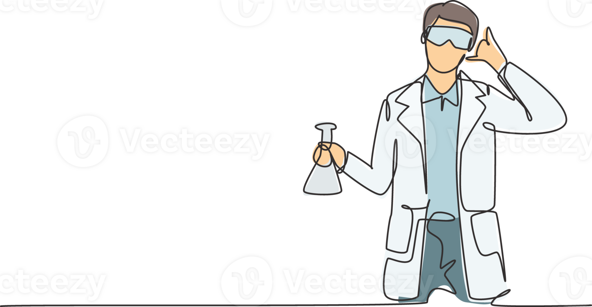 Single one line drawing scientist with call me gesture and holding measuring tube to examining chemical solution to make vaccine. Success job. Continuous line draw design graphic illustration png