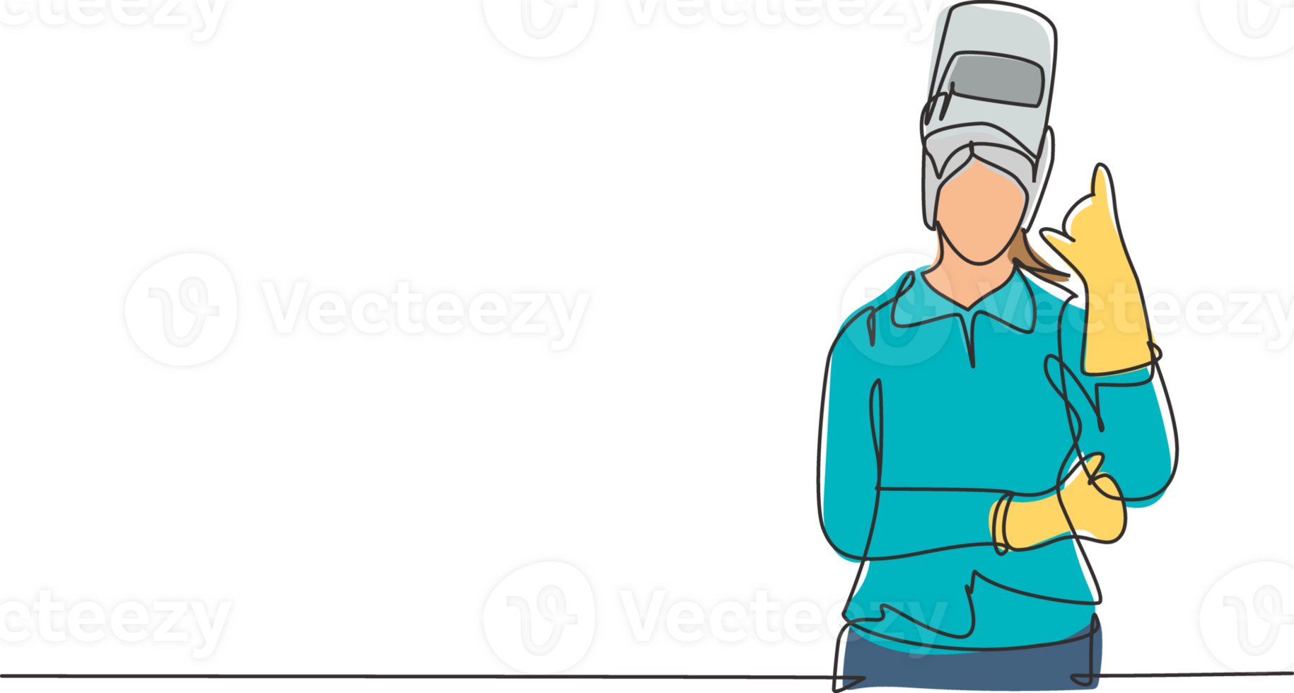 Single einer Linie Zeichnung weiblich Schweißer mit Anruf mich Geste funktioniert im Konstruktion von Gebäude Bildung Stahl Rahmen Das ist geschmolzen durch Feuer. modern kontinuierlich Linie zeichnen Design Grafik Illustration png