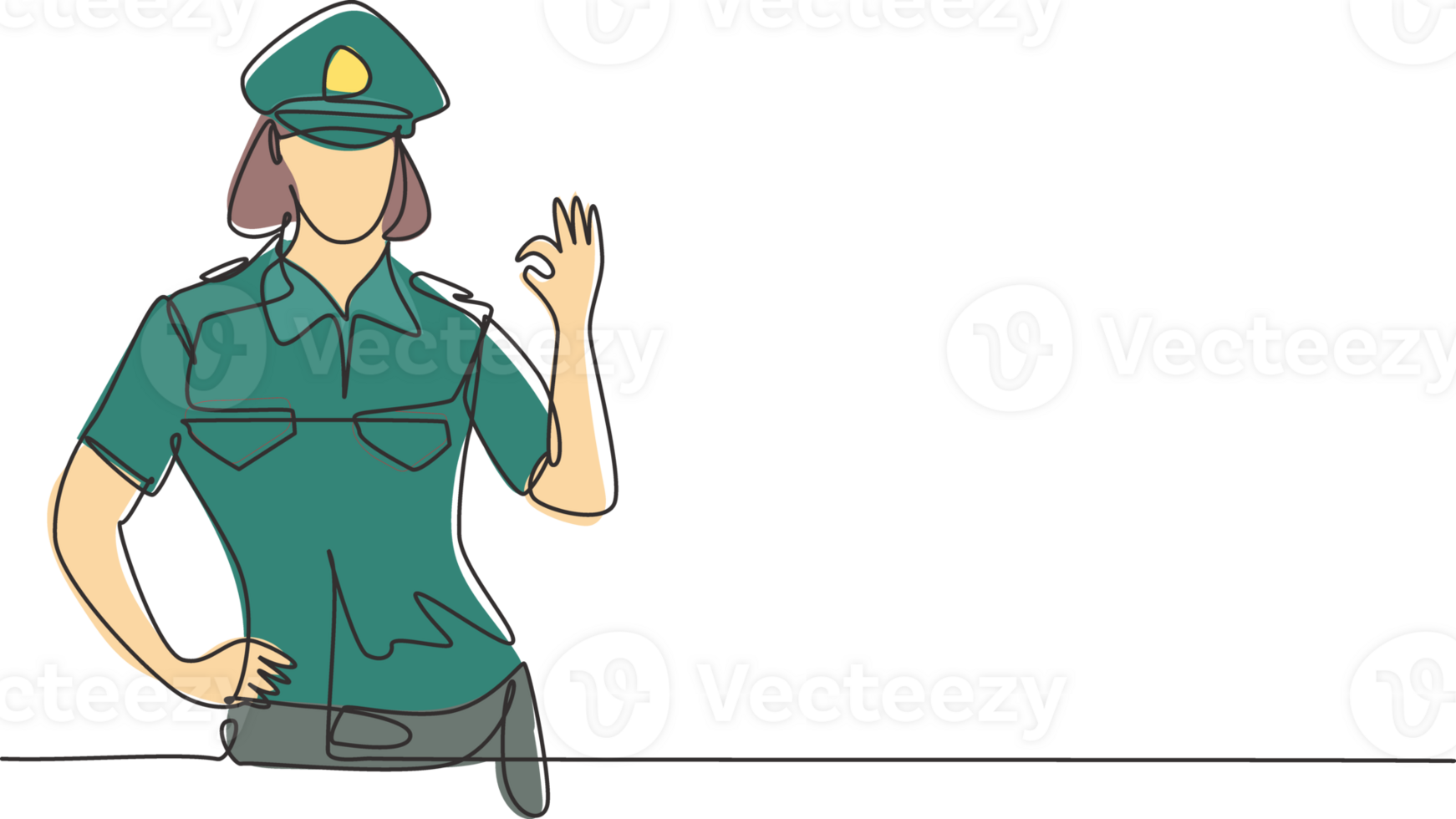 Single continuous line drawing policewoman with gesture okay and full uniform ready to enforce traffic discipline on highway. Standby patrol. Dynamic one line draw graphic design illustration png