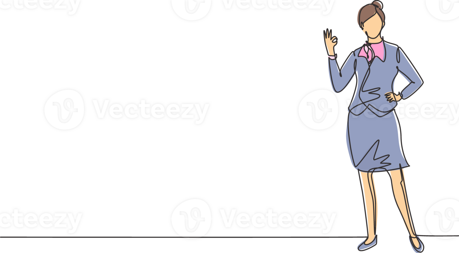 solteiro 1 linha desenhando voar atendente carrinhos dentro uma uniforme com gesto OK preparar às a aeroporto com a equipe técnica vôo para seus destino. contínuo linha desenhar Projeto gráfico ilustração png
