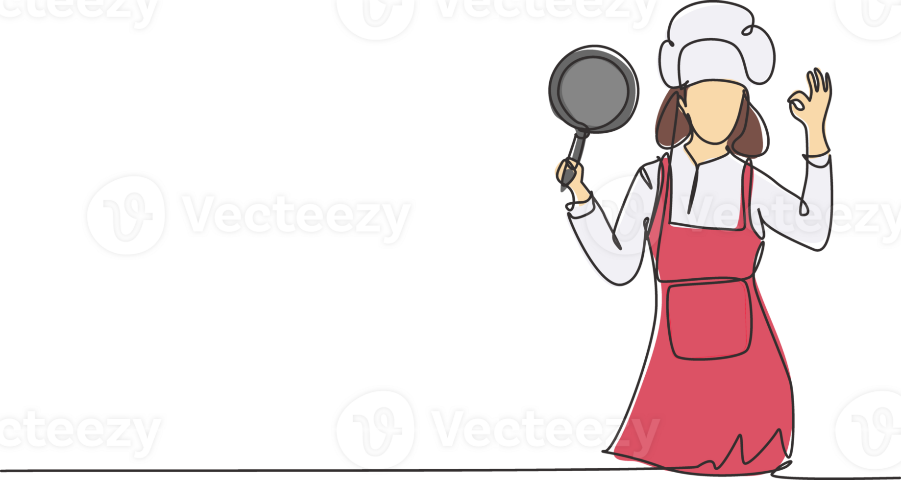 Continuous one line drawing female chef with gestures okay, holding pan and wearing apron is ready to cook meals for guests at famous restaurants. Single line draw design graphic illustration png