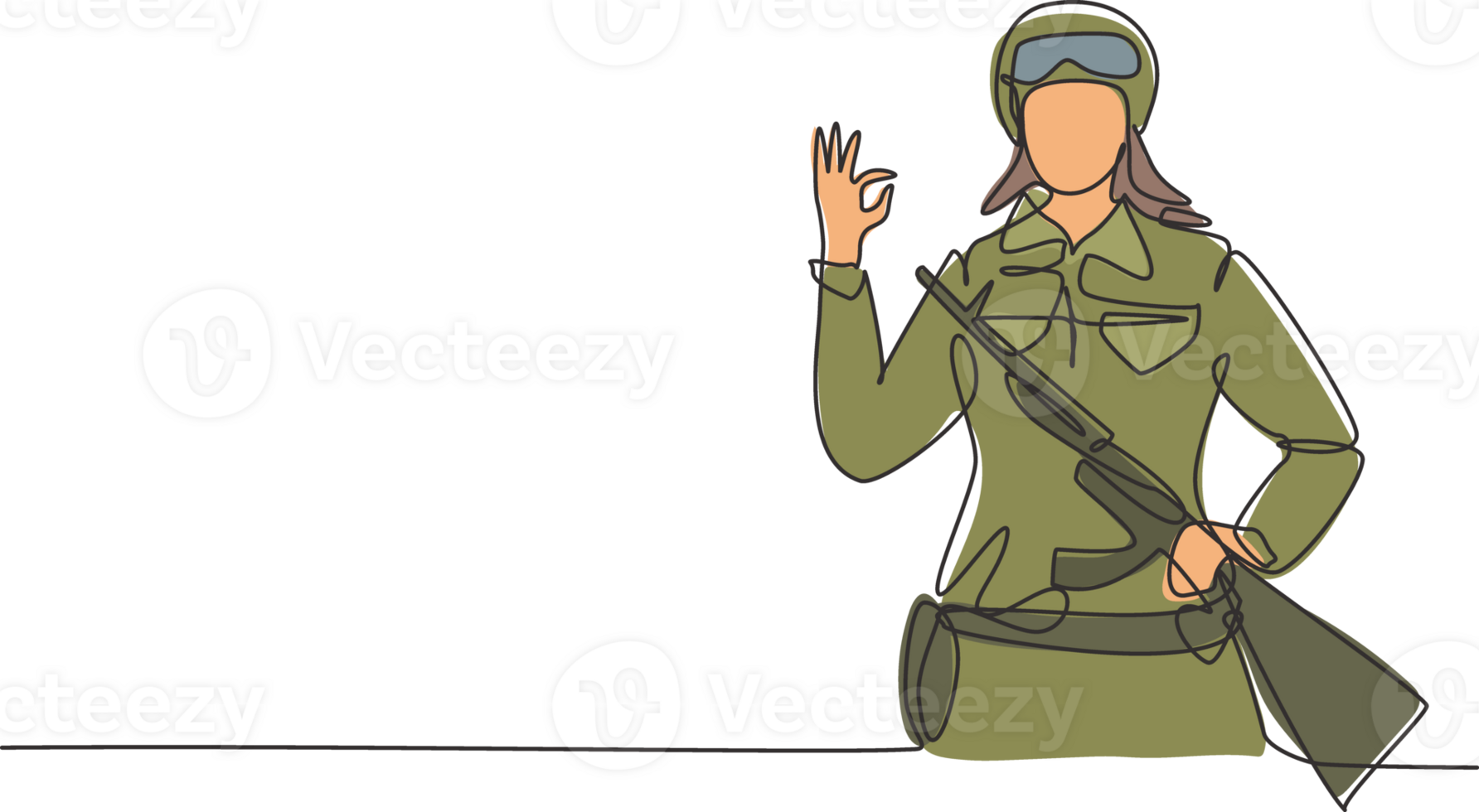 single doorlopend lijn tekening vrouw soldaten met wapen, uniform, gebaar Oke is klaar naar verdedigen de land Aan slagveld tegen vijand. dynamisch een lijn trek grafisch ontwerp illustratie png