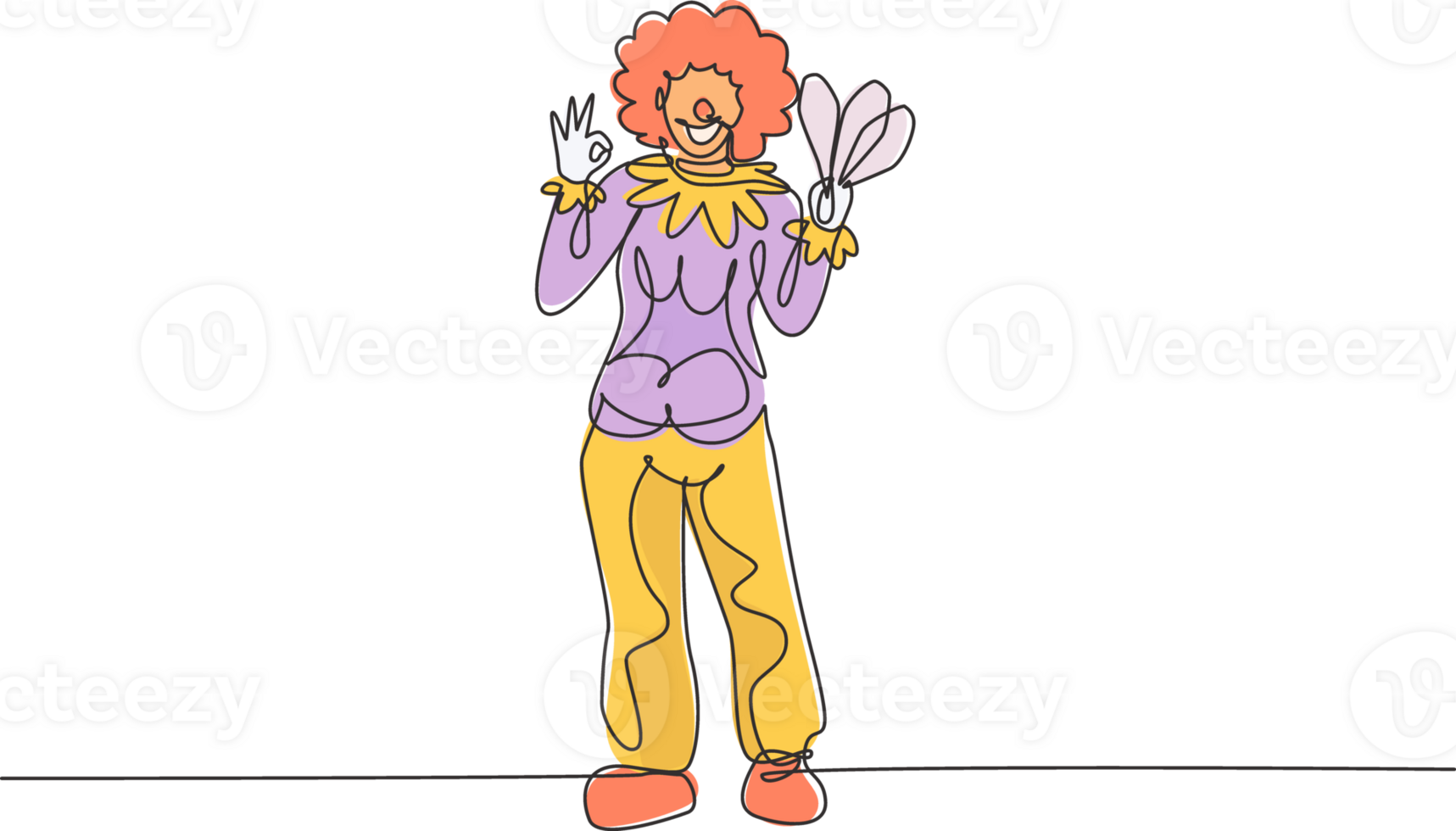 Continuous one line drawing female clown stands with gesture okay wearing wig and clown costume ready to entertain the audience in the circus arena. Single line draw design graphic illustration png