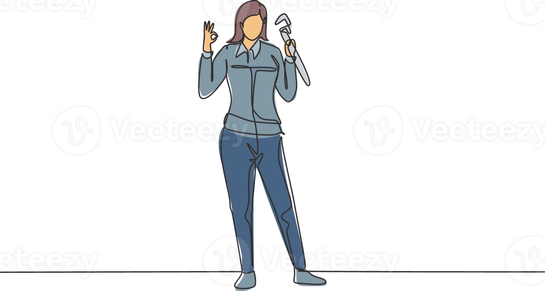 Single continuous line drawing female plumber stands with gesture okay and holding carpentry tool fixing broken plumbing at home. Success business. One line draw graphic design illustration png