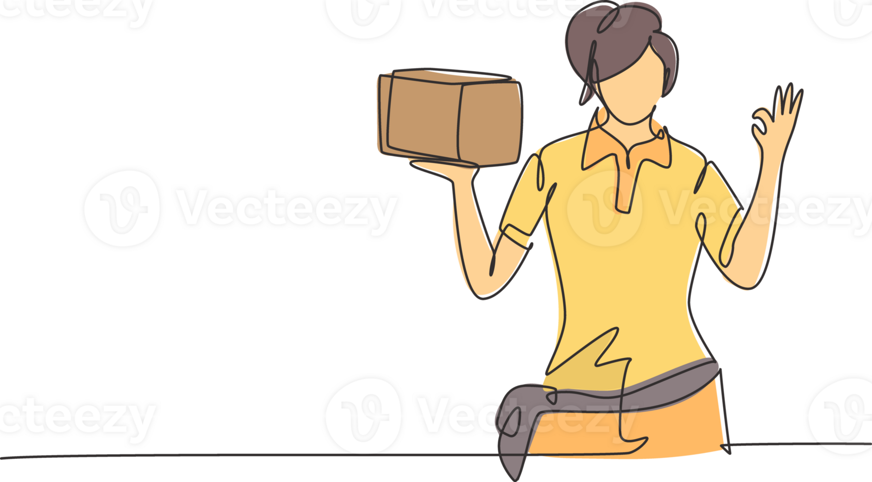 contínuo 1 linha desenhando entregadora com gesto OK, carregando a pacote caixa para estar entregue para clientes com melhor serviço. sucesso trabalho. solteiro linha desenhar Projeto gráfico ilustração png