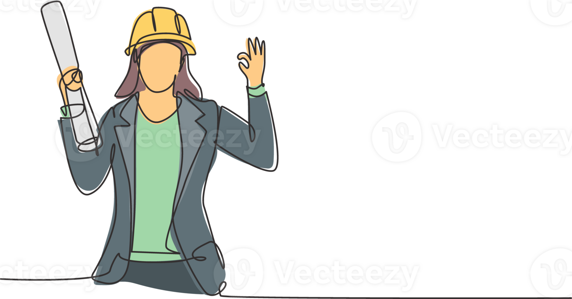 Single continuous line drawing female architect with gesture okay and wearing helmet carried building construction drawing paper. Success business. One line draw graphic design illustration png