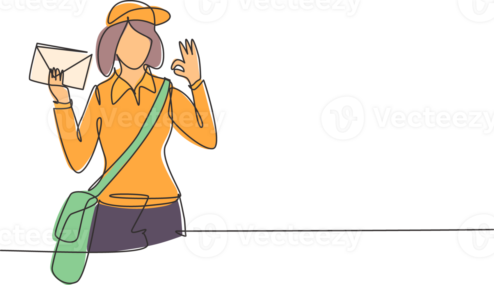 Single one line drawing postwoman wearing hat, sling bag, and uniform with gesture okay holds envelope to delivered to home address. Modern continuous line draw design graphic illustration png