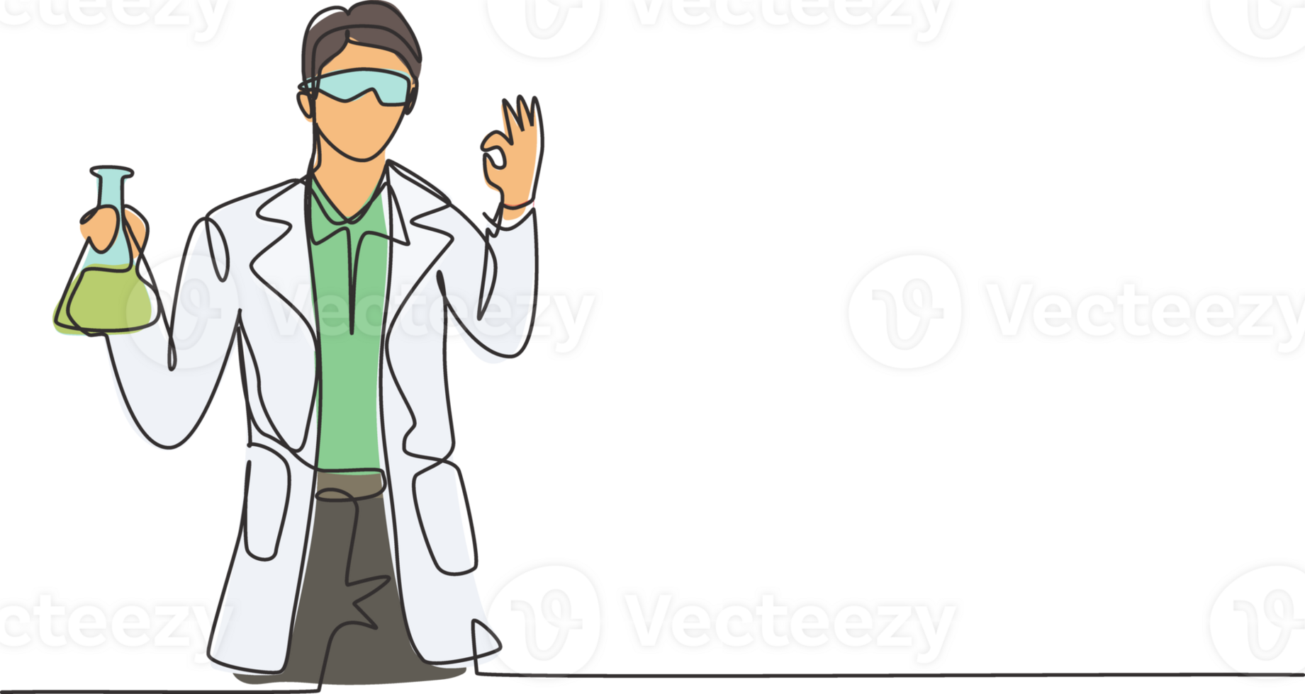 Single one line drawing of male scientist with gesture okay and holding measuring tube to examining chemical solution to make vaccine. Modern continuous line draw design graphic illustration png