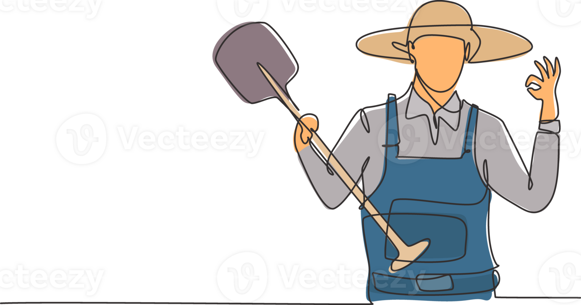 Single one line drawing of farmer with gesture okay wearing straw hat and carrying shovel to work on the farm. Success business concept. Modern continuous line draw design graphic illustration png