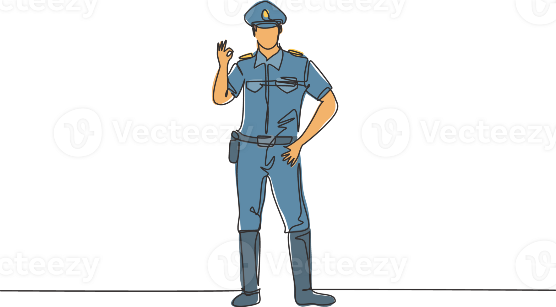 continuo uno linea disegno poliziotto in piedi con gesto va bene e pieno uniforme lavori per controllo veicolo traffico su autostrada. stand-by su pattuglia. singolo linea disegnare design grafico illustrazione png