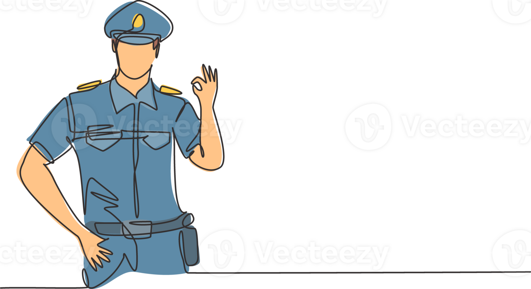 Single continuous line drawing policeman with gesture okay and full uniform is ready to enforce traffic discipline on highway. Standby patrol. Dynamic one line draw graphic design illustration png