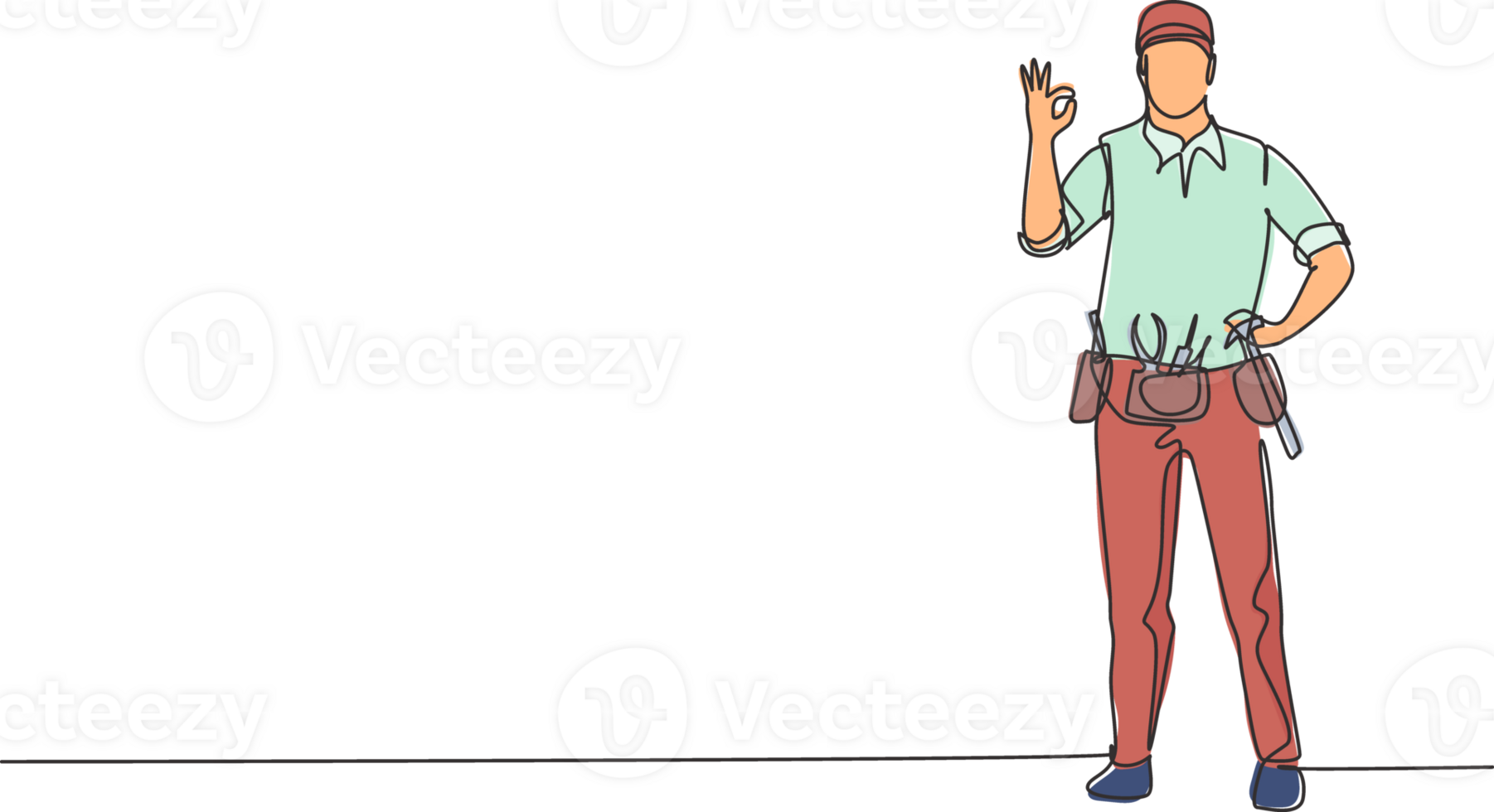 Single continuous line drawing handyman stands with gesture okay and tools such as pliers, screwdriver, hammer that placed on his work shirt. Dynamic one line draw graphic design illustration png
