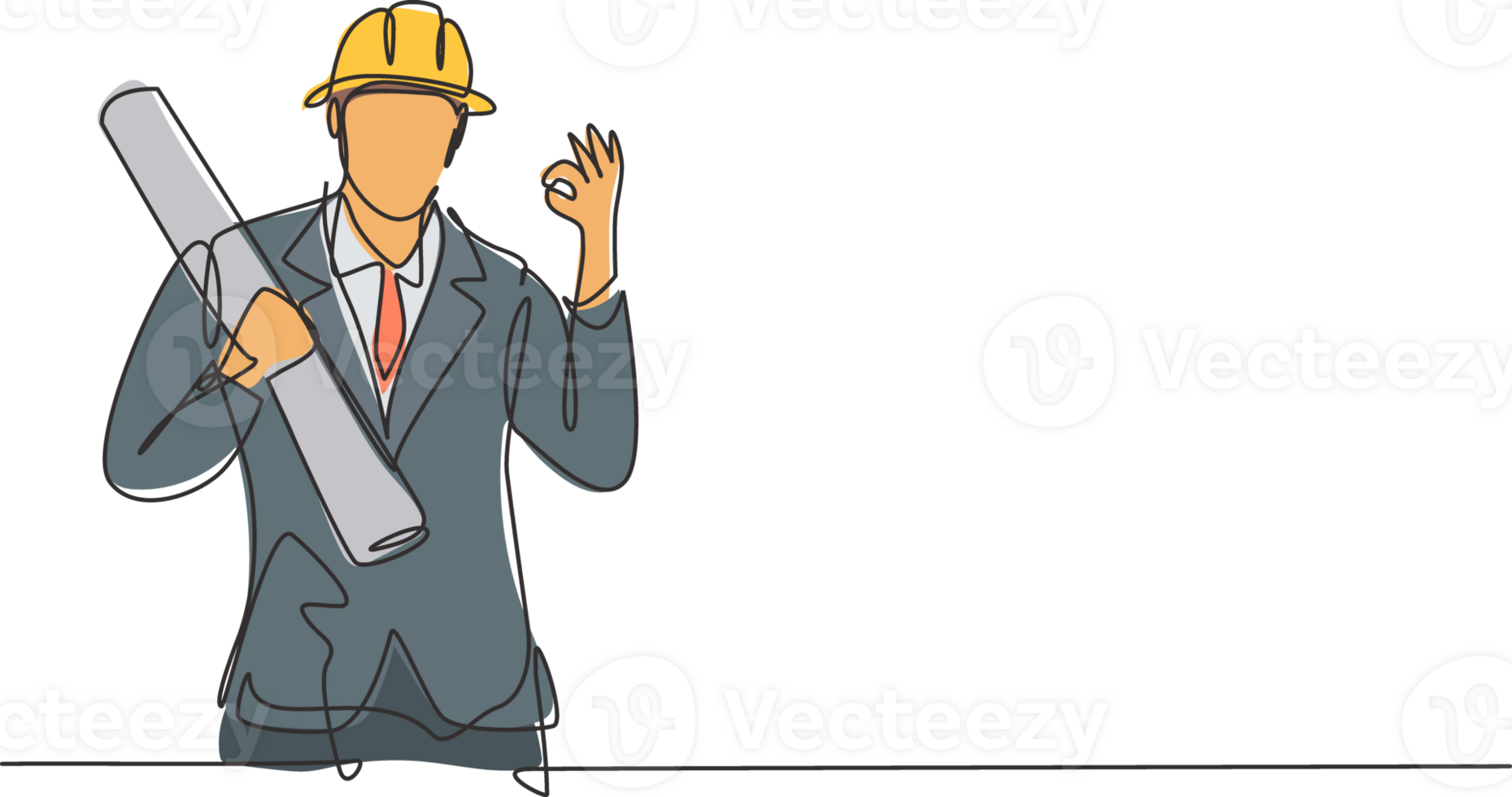 Single continuous line drawing architect with gesture okay and wearing helmet carried building construction drawing paper. Success business. Dynamic one line draw graphic design illustration png