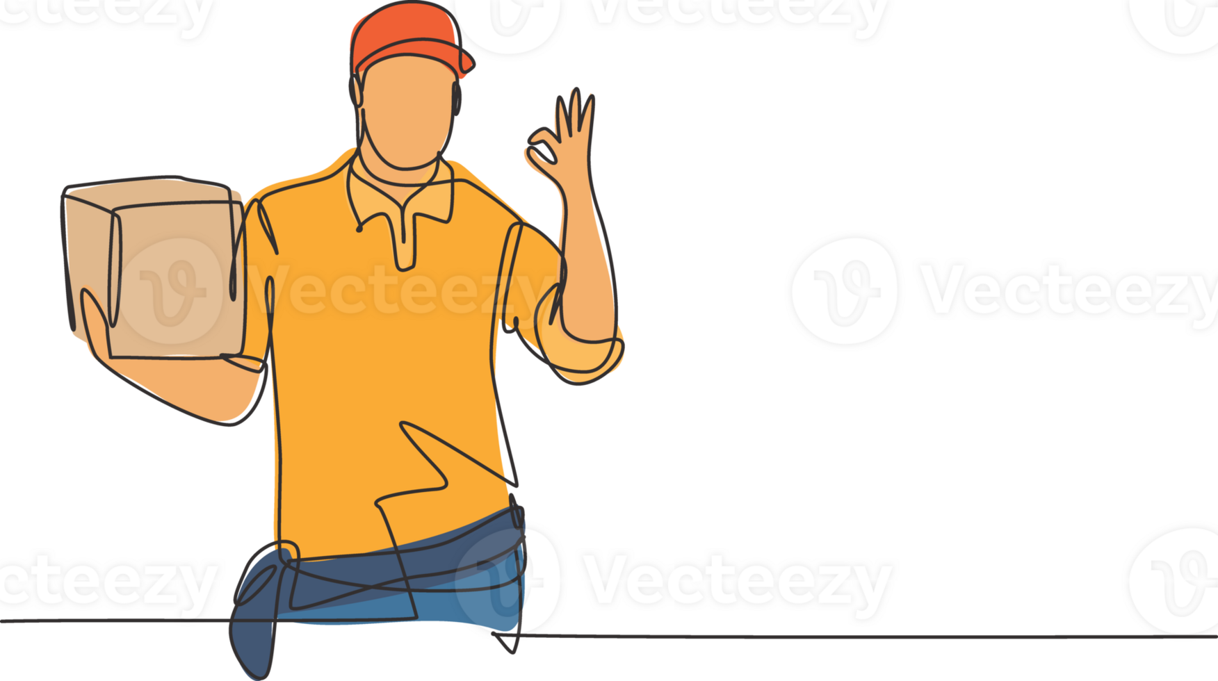 Single continuous line drawing delivery man with gesture okay, carrying the package box to be delivered to customers with the best service. Dynamic one line draw graphic design illustration png