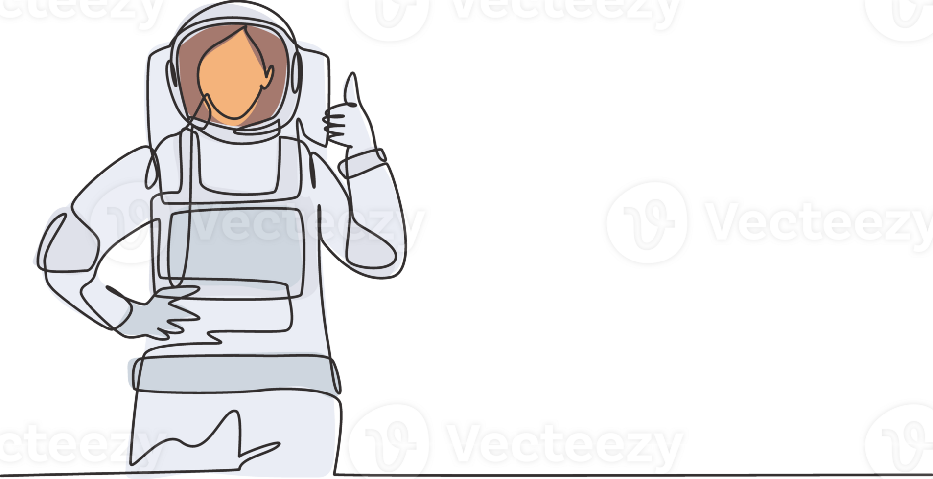 Single one line drawing of female astronauts with a thumbs-up gesture wearing spacesuits to explore space in search the mysteries of universe. Continuous line draw design graphic illustration png