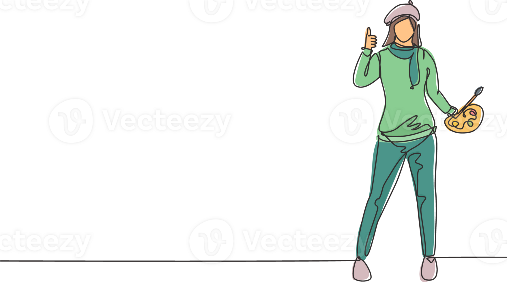 Single continuous line drawing woman painter stands with a thumbs-up gesture using a hat and painting tools to produce artwork in her workshop studio. One line draw graphic design illustration png