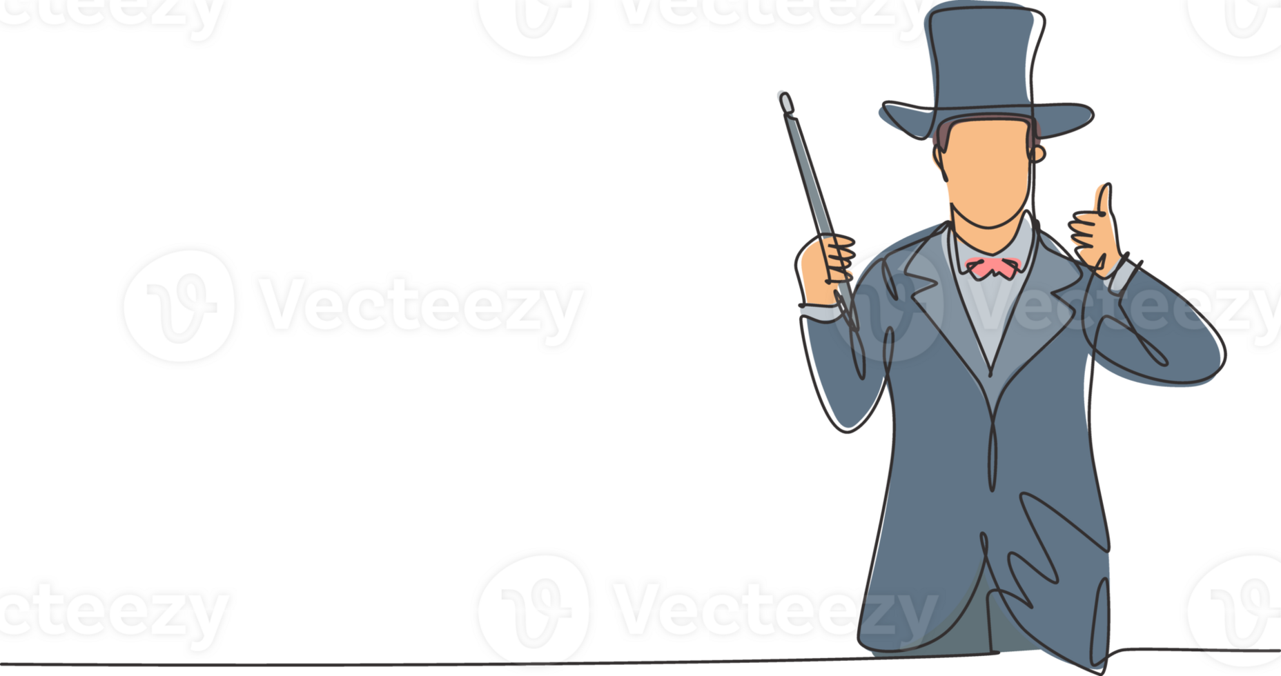 Single continuous line drawing magician with a gesture thumbs up wearing a hat and holding a magic stick ready to entertain the audience. Dynamic one line draw graphic design illustration. png