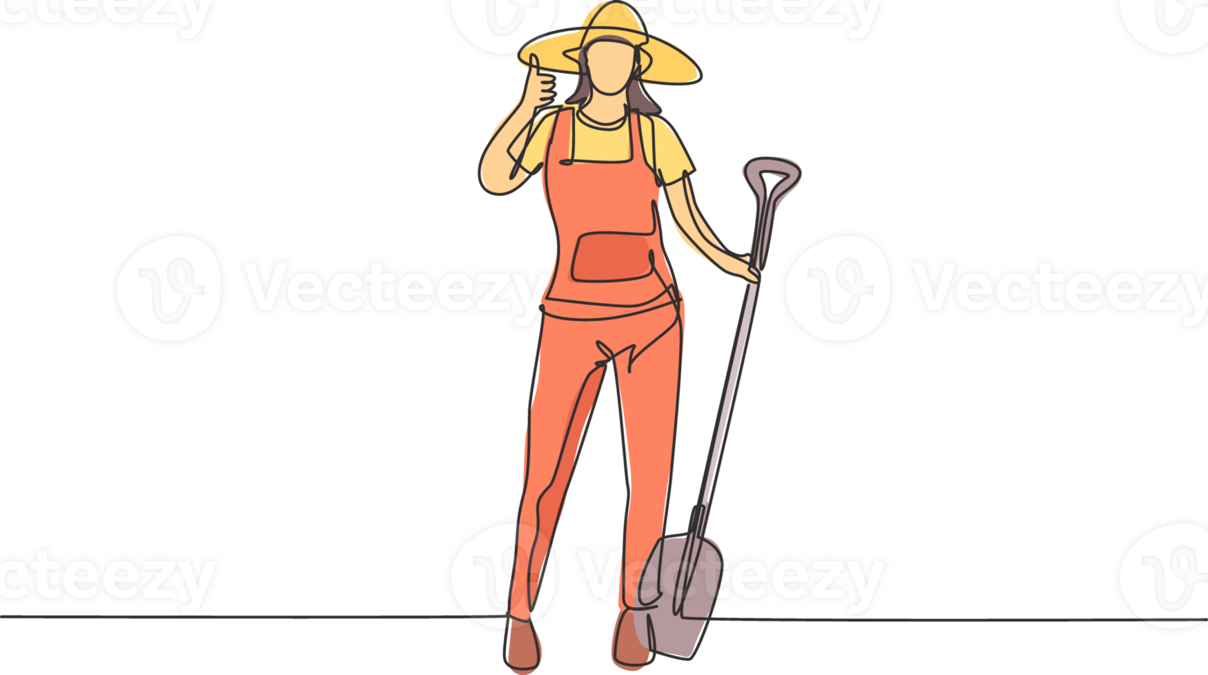 Single one line drawing of female farmer stood with a thumbs-up gesture, wearing a straw hat and carrying a shovel to plant crops on farmland. Continuous line draw design graphic illustration. png
