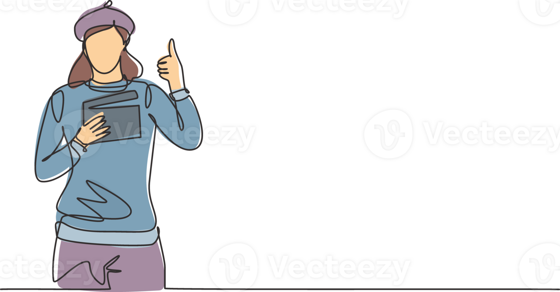 Continuous one line drawing female film director with a thumbs-up gesture while holding the clapperboard set the crew for studio shooting. Single line draw design graphic illustration png