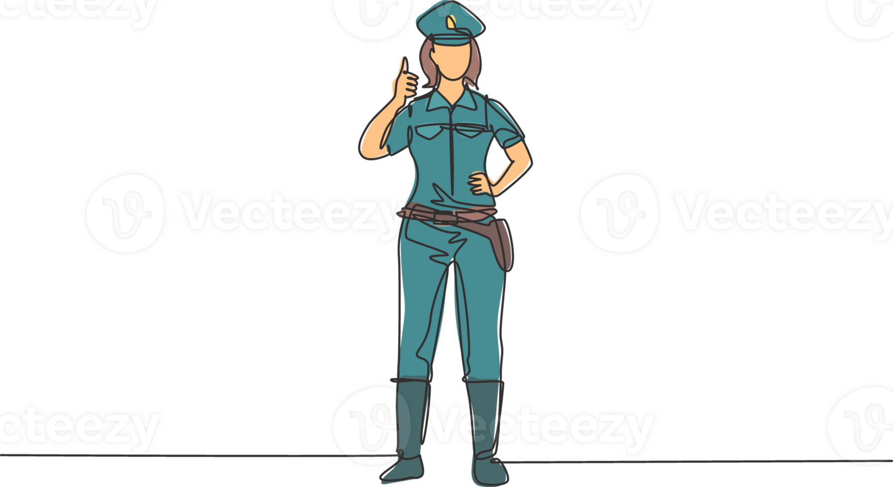 Continuous one line drawing the policewoman standing with a thumbs-up gesture and in full uniform works to control vehicle traffic on the highway. Single line draw design graphic illustration png