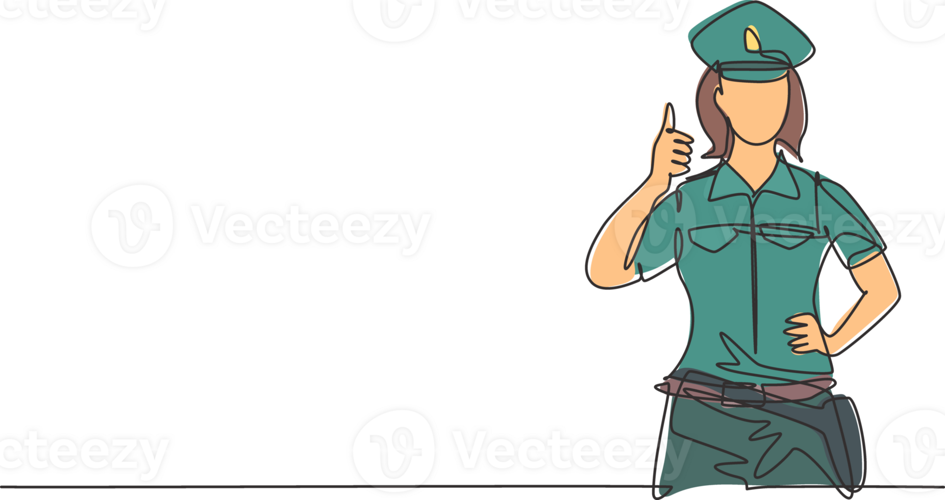 Single continuous line drawing the policewoman with a thumbs-up gesture and in full uniform is ready to enforce traffic discipline on the highway. One line draw graphic design illustration png