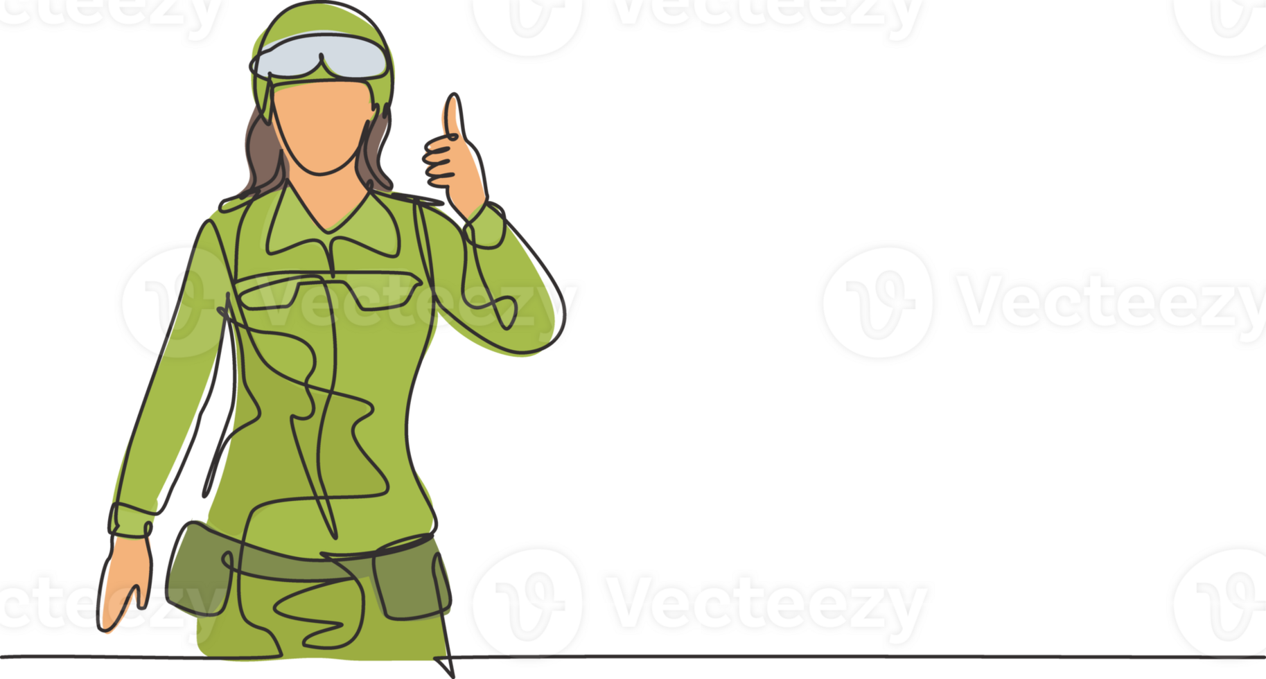 enda kontinuerlig linje teckning kvinna soldater med goggla, full uniformer, tummen upp gester är redo till försvara de Land på slagfält. dynamisk ett linje dra grafisk design illustration png