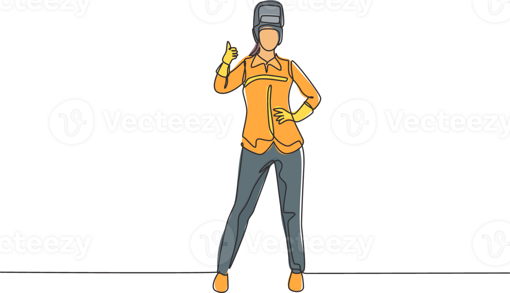 Single one line drawing of female welder stands with a thumbs-up gesture and the face shield is removed ready to work in his iron workshop. Continuous line draw design graphic illustration png