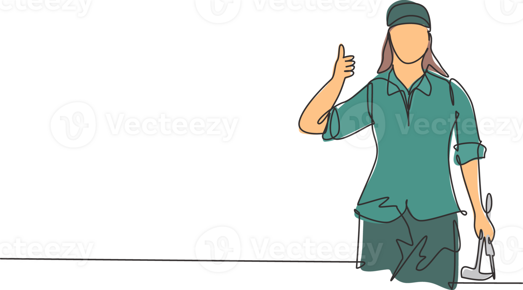Single continuous line drawing carpenter woman with a thumbs-up gesture works in his workshop making wooden products. Skills in using carpentry tools. One line draw graphic design illustration png