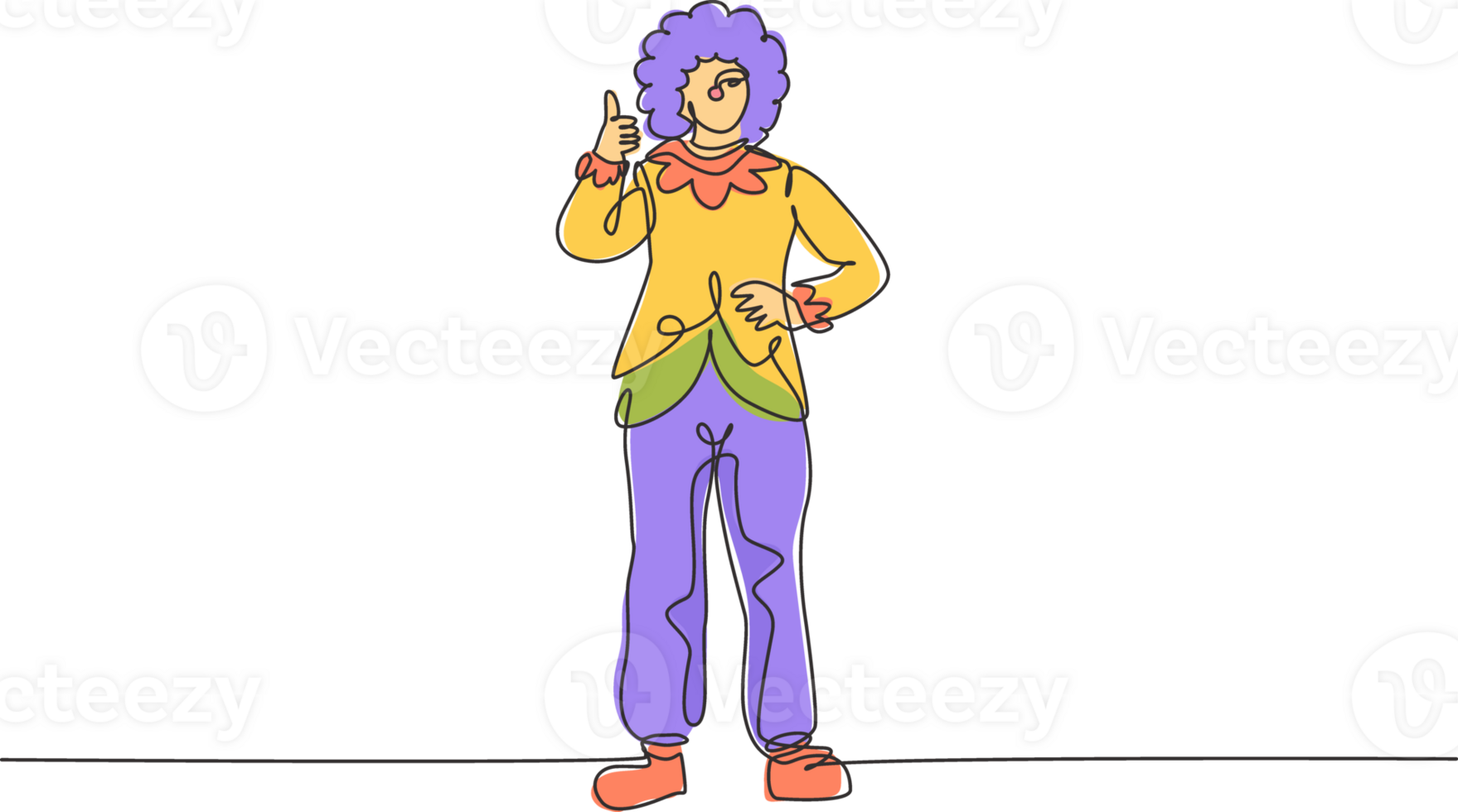 Single one line drawing of female clown stands with a thumbs-up gesture wearing wig and clown costume ready to entertain the audience in circus. Continuous line draw design graphic illustration png