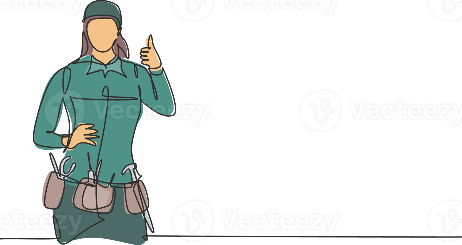 Continuous one line drawing handywoman with thumbs-up gesture is ready to work on repairing the damaged part of the house in a professional manner. Single line draw design graphic illustration png