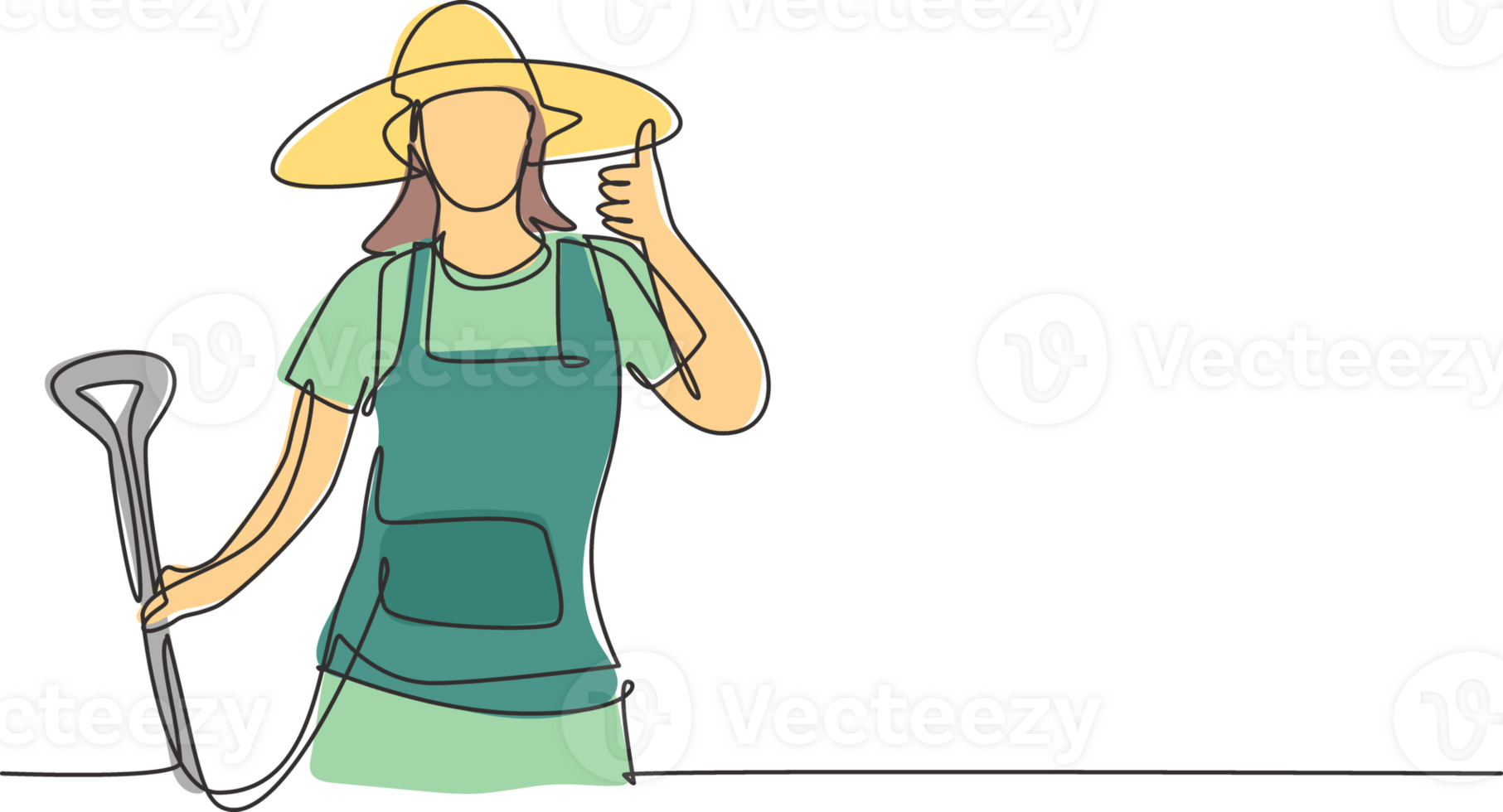 Continuous one line drawing female farmer with a thumbs-up gesture wearing a straw hat and carrying a shovel to work on the farm at harvest time. Single line draw design graphic illustration. png