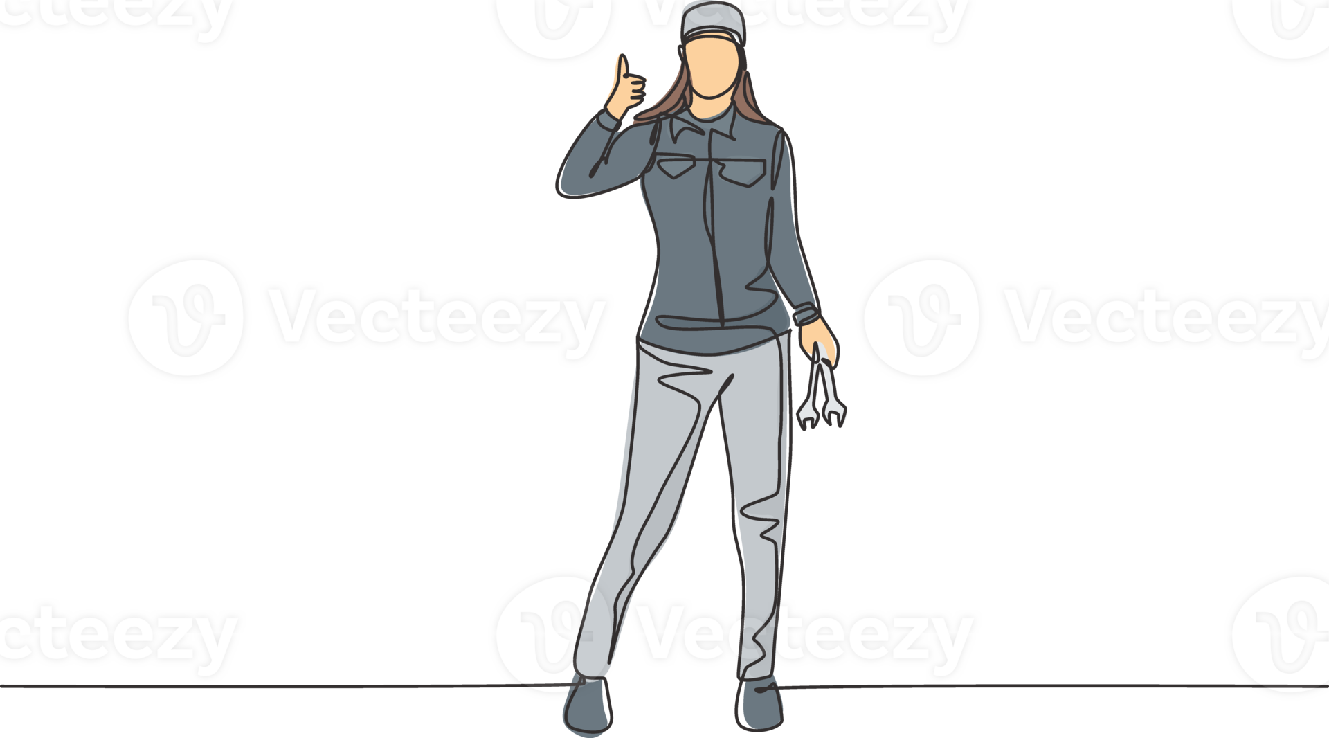 Single continuous line drawing female mechanic stands up with a thumbs