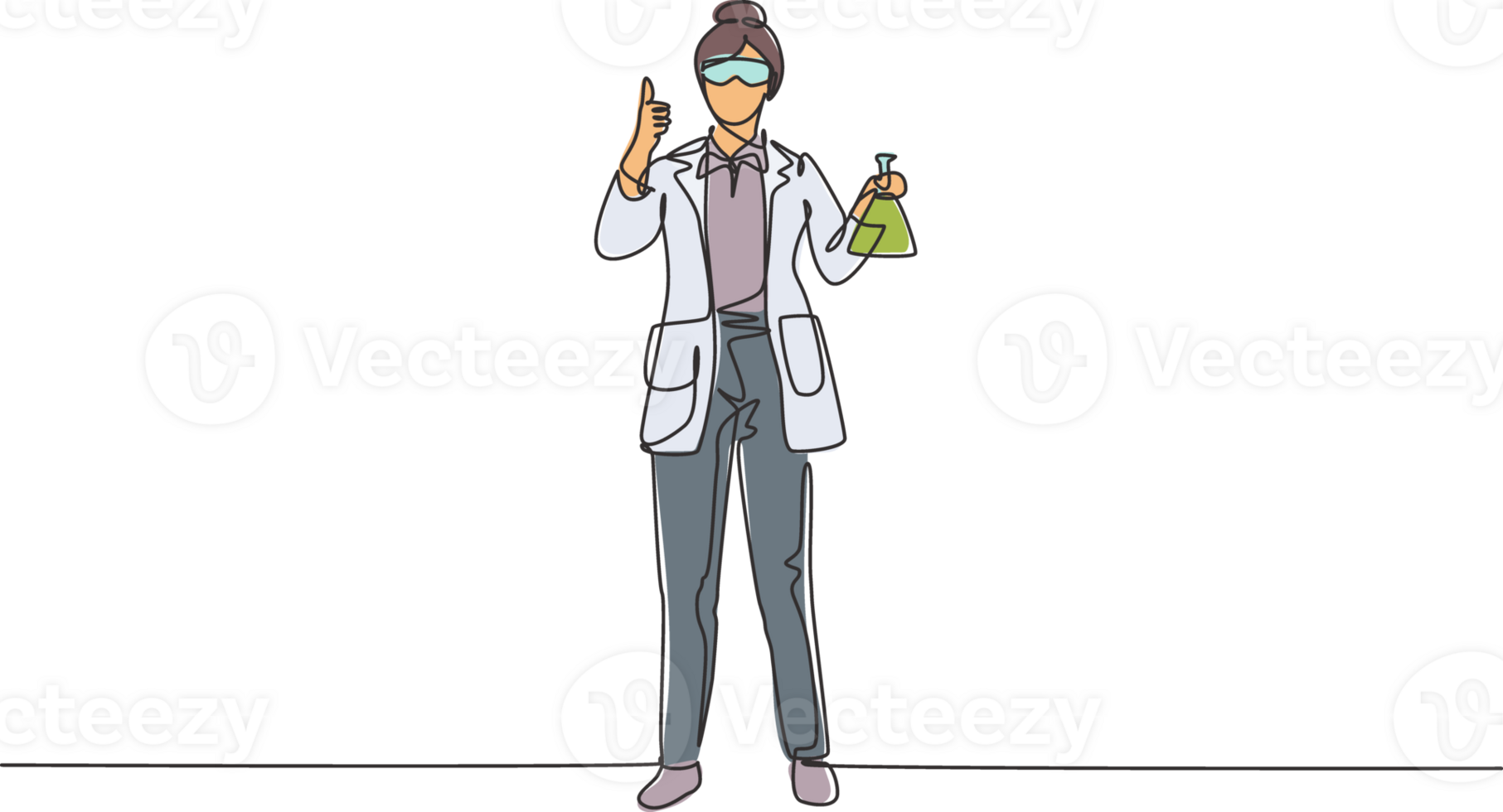 Single continuous line drawing female scientist stands with a thumbs-up gesture and holding a measuring tube filled with a chemical liquid. Dynamic one line draw graphic design illustration png