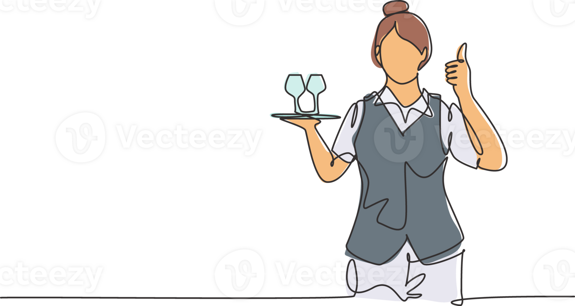Single one line drawing of waitress with a thumbs-up gesture and brought a tray of drinking glasses serving visitors at the cafeteria. Modern continuous line draw design graphic illustration png