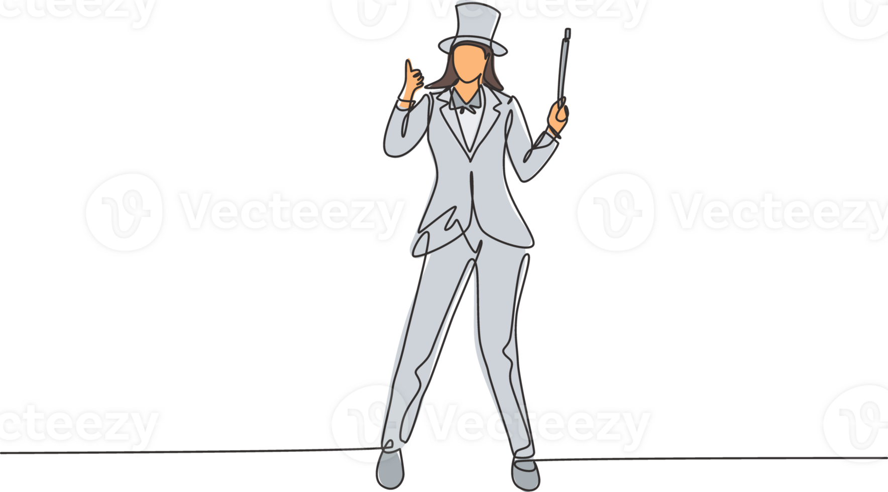 Single continuous line drawing female magician stands with thumbs-up gesture wearing a hat and holding a magic wand performing tricks at a circus show. One line draw graphic design illustration png
