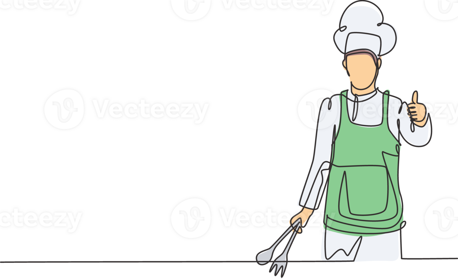 enda ett linje teckning av de kock med tummen upp gester och uniformer är redo till laga mat måltider för gäster på känd restauranger. modern kontinuerlig linje dra design grafisk illustration. png