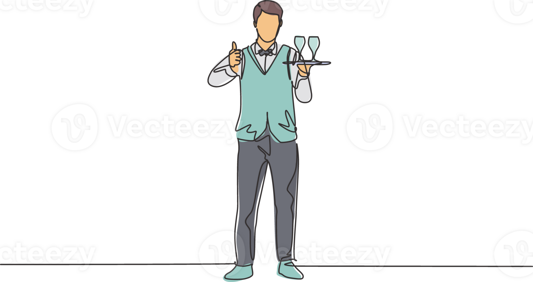 Single continuous line drawing waiter stood up with a thumbs-up gesture and brought a tray of drinking glasses to offer to restaurant guests. Dynamic one line draw graphic design illustration. png