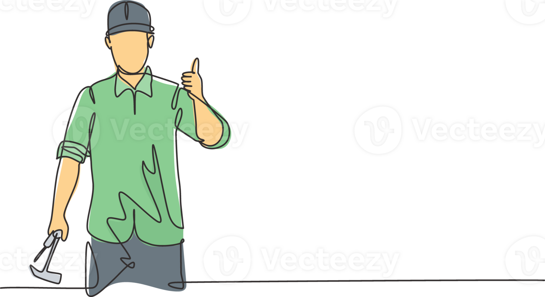 Single continuous line drawing a carpenter with a thumbs-up gesture works in his workshop making wooden products. Skills in using carpentry tools. One line draw graphic design illustration. png