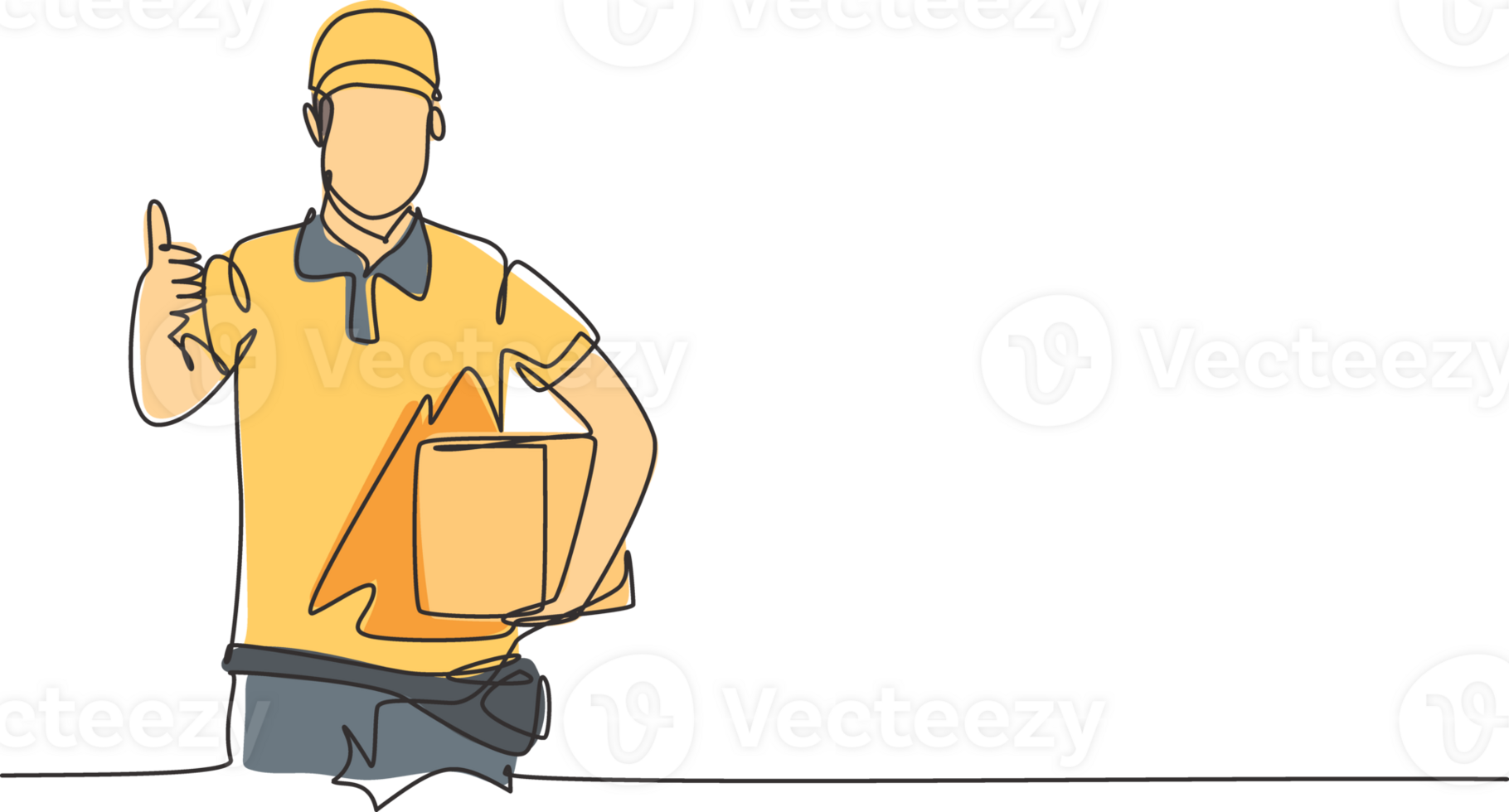 Continuous one line drawing delivery man with a thumbs-up gesture, carrying the package box to be delivered to customers with the best service. Single line draw design graphic illustration. png