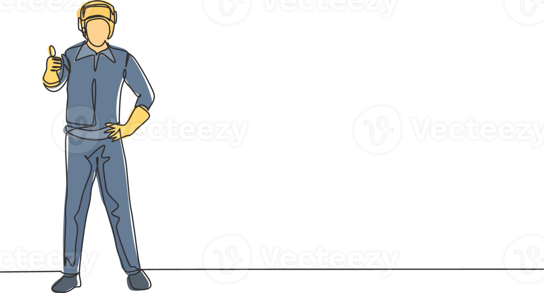 Single continuous line drawing the welder stands with a thumbs-up gesture and the face shield is removed ready to work in his iron workshop. Dynamic one line draw graphic design illustration. png