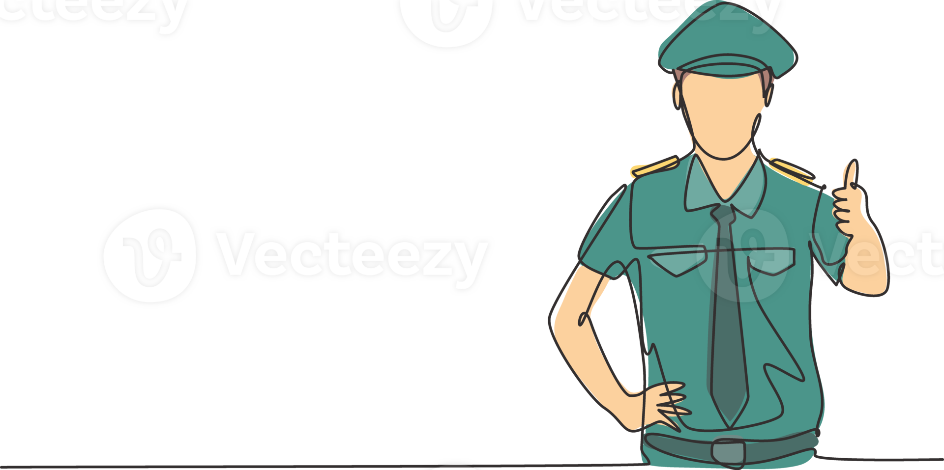 Single one line drawing of pilot with a thumbs-up gesture and full uniform is ready to fly with the cabin crew with the aircraft at the airport. Continuous line draw design graphic illustration png