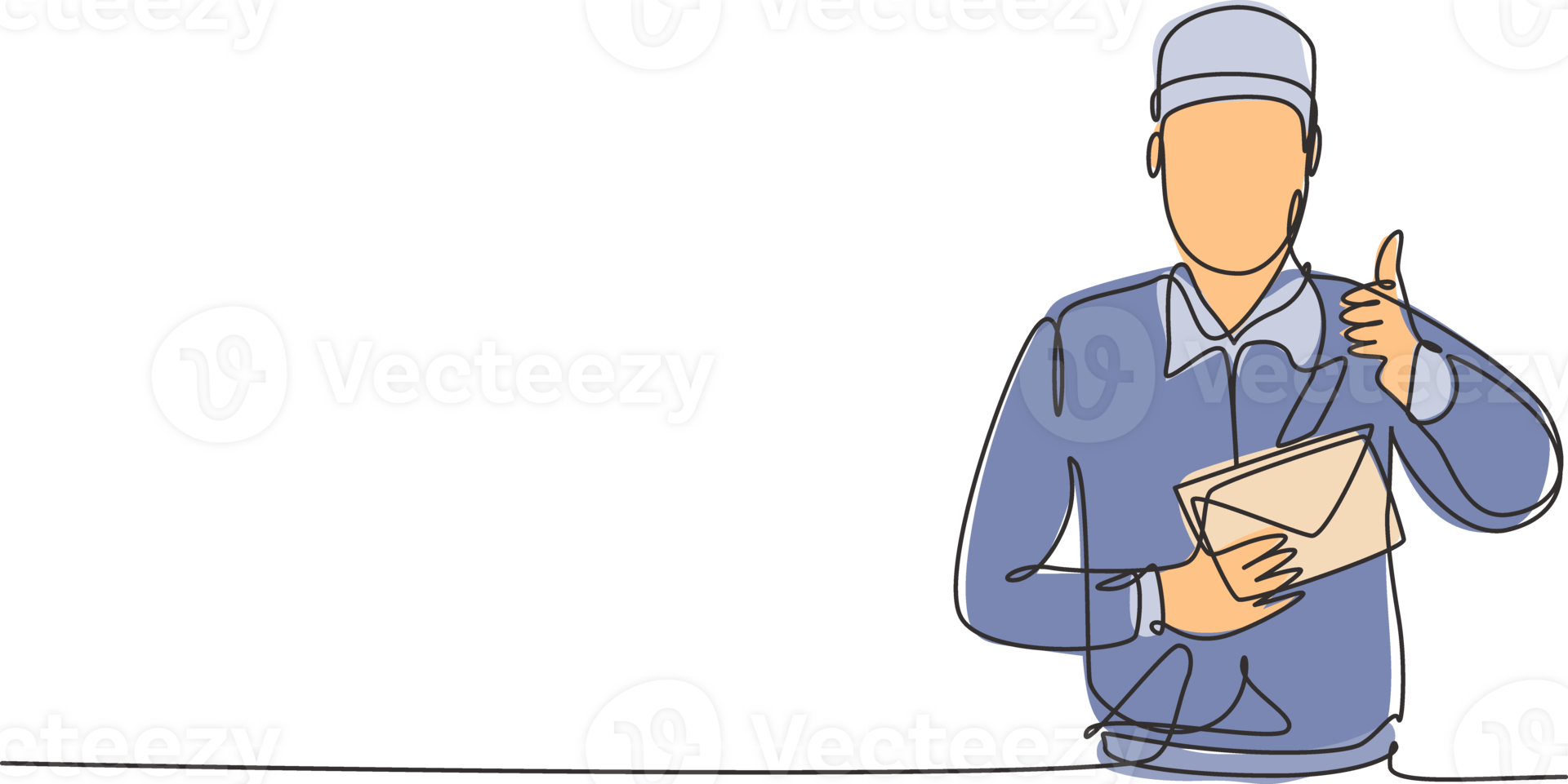 Single one line drawing of postman wearing a hat and uniform with a thumbs-up gesture holds the envelope to work for delivery to homes. Modern continuous line draw design graphic illustration. png