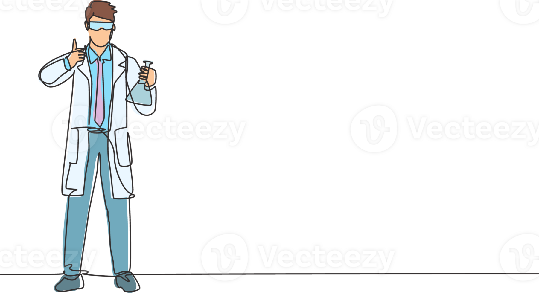Single continuous line drawing the scientist stands with a thumbs-up gesture and holding a measuring tube filled with a chemical liquid. Dynamic one line draw graphic design illustration. png