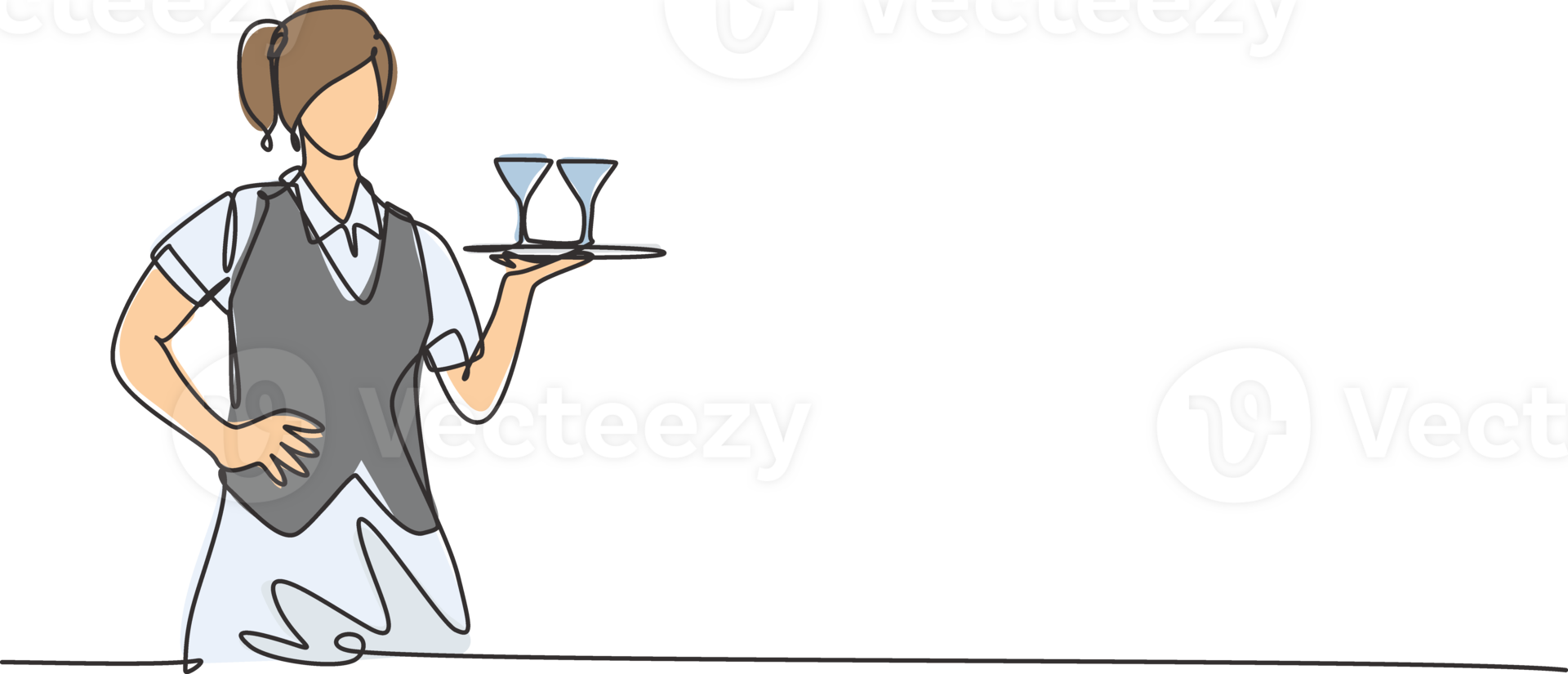 Continuous one line drawing of young female waitress bringing glass on tray with hands on hip. Professional job profession minimalist concept. Single line draw design graphic illustration png