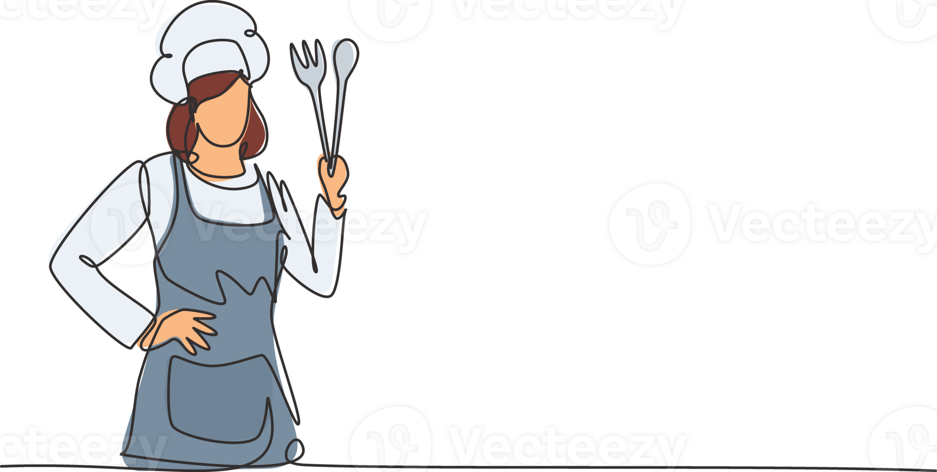 Single one line drawing of young beauty female chef posing with hands on hip. Professional work profession and occupation minimal concept. Continuous line draw design graphic illustration png