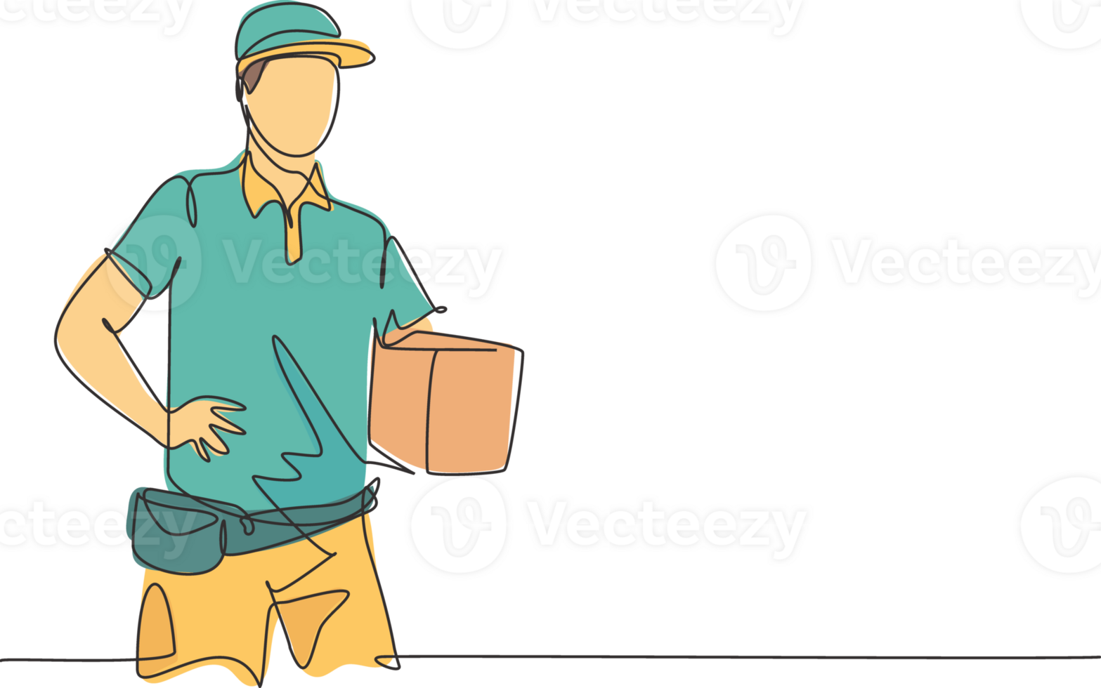 Continuous one line drawing of young delivery man holding package box to be delivered to customer. Professional job profession minimalist concept. Single line draw design graphic illustration png
