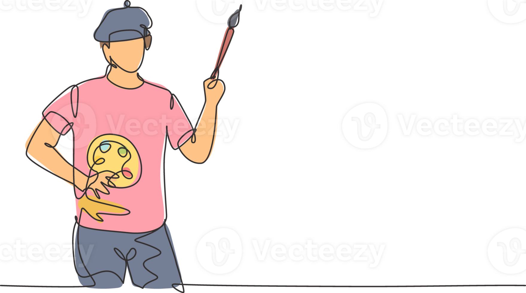 Continuous one line drawing of young painter with flat cap holding paintbrush and color palette. Professional job profession minimalist concept. Single line draw design graphic illustration png