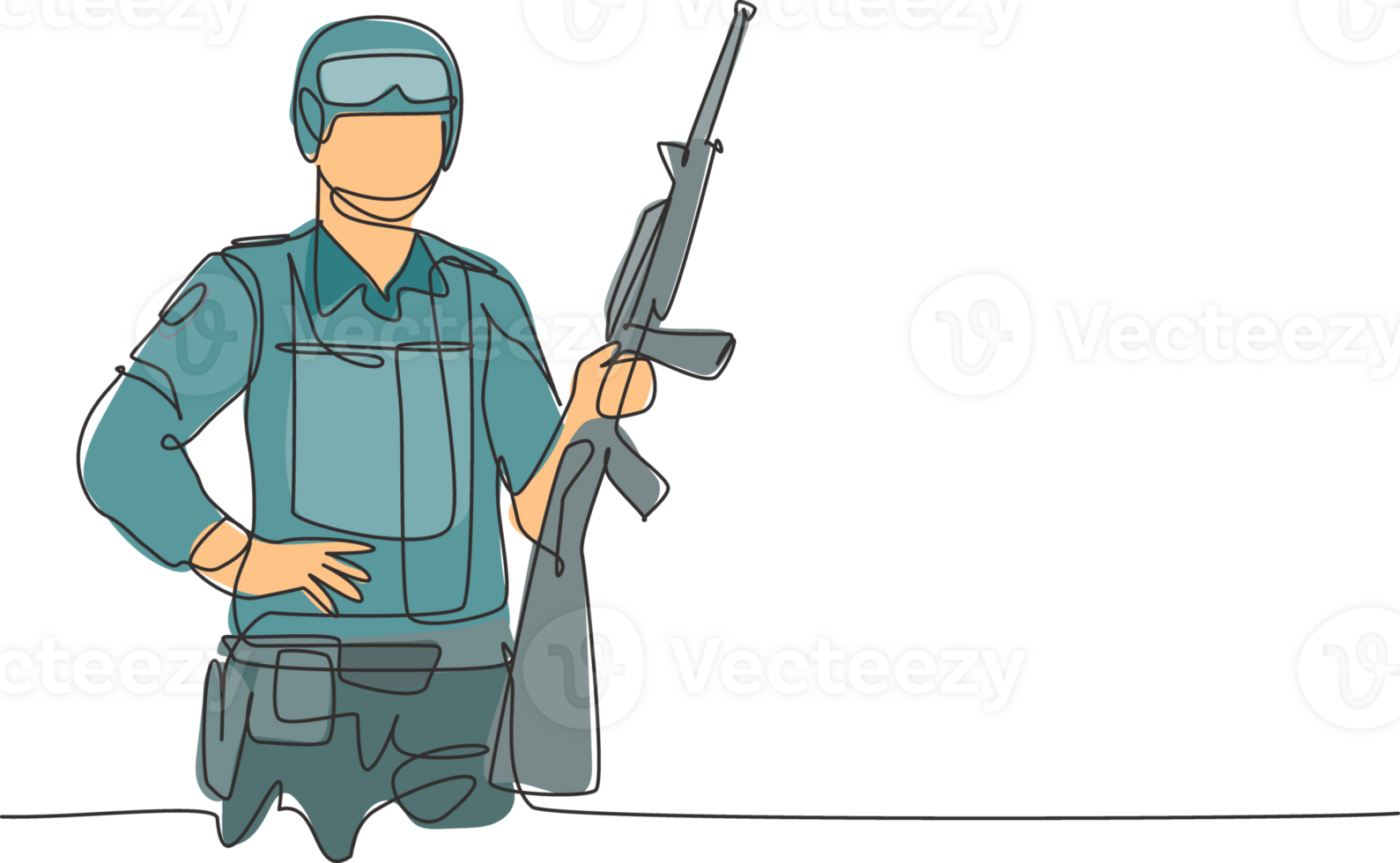 solteiro 1 linha desenhando do jovem masculino soldado segurando riffle arma. profissional trabalhos profissão e ocupação mínimo conceito. contínuo linha desenhar Projeto gráfico ilustração png